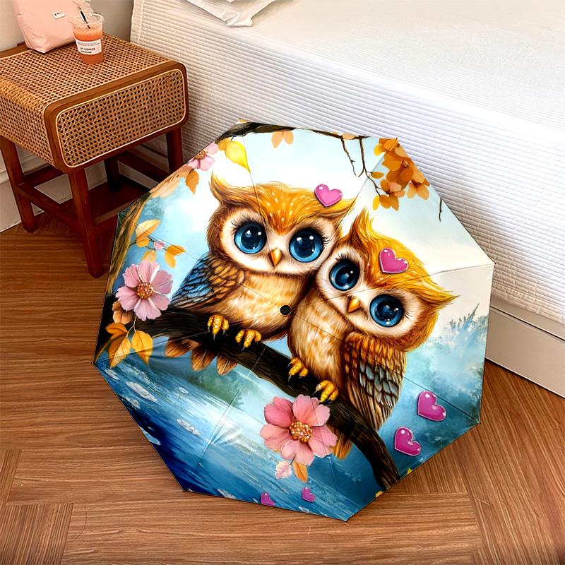 

1 PC Automatic Folding Umbrella - Love Owls in Autumn Pattern, Portable & Foldable Design with 8 Ribs, Christmas Birthday Gifts