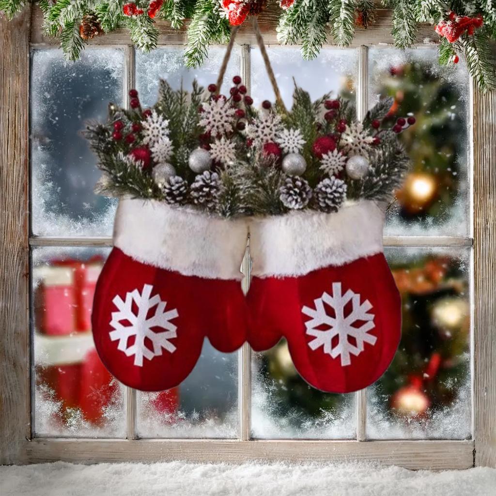 Twinkling Christmas Mitten Wreath Front Door Artificial Garland Holiday Wreath for Wall Window Fireplace Holiday Home Decor