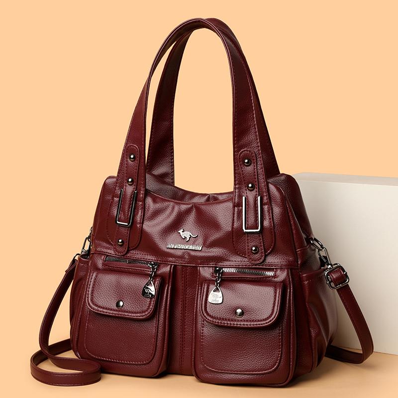 Soft Leather Large Capacity Shoulder Bag Middle-Aged Women's Bag Mother's Bag Commuter Multi-Pocket Crossbody Bag