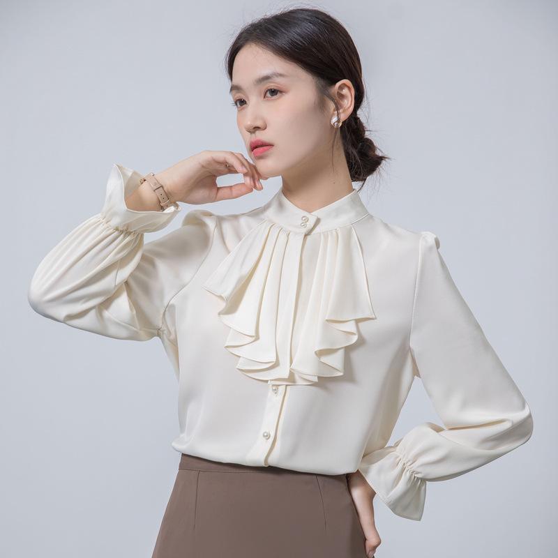 Spring 2026 Elegant French Collar White Chiffon Ruffle Blouse Extra Large белый/абрикосовый