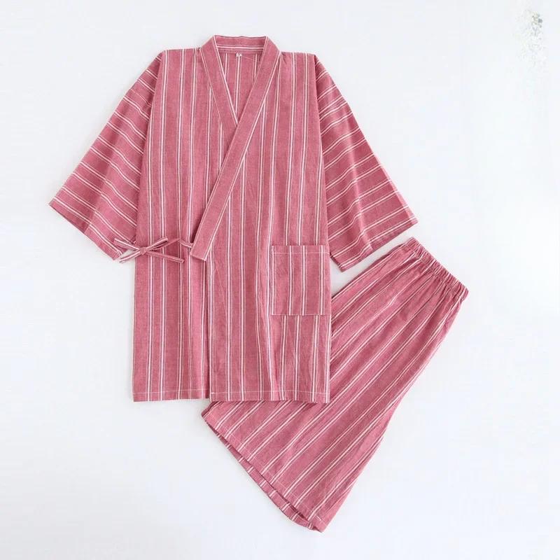 Cotton Thin Striped Pajamas for Men and Women Kimono Short-sleeved Shorts Pijamas Couple Summer V-Neck Home Clothes