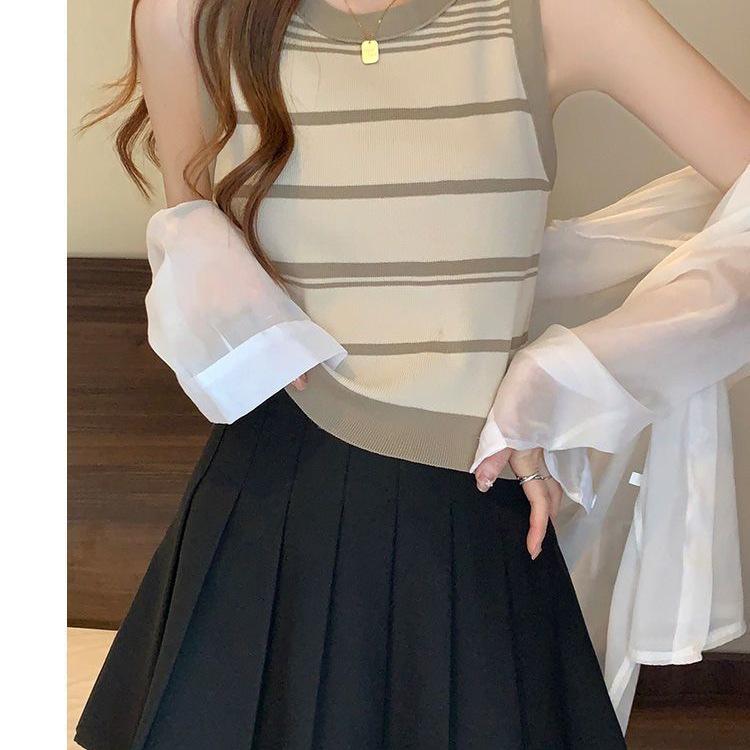 Women's Contrast Knit Striped Off-Shoulder Camisole: Trendy French Slim-Fit Sleeveless Summer Top