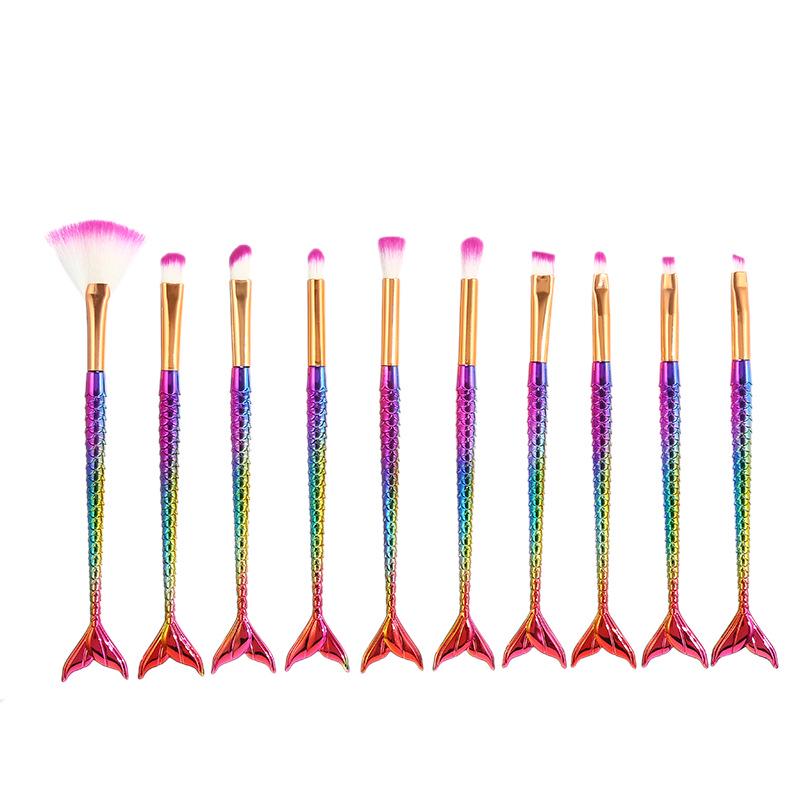Четырехцветный набор кистей для макияжа русалки - 10 градиентных кистей в форме рыбьего хвоста