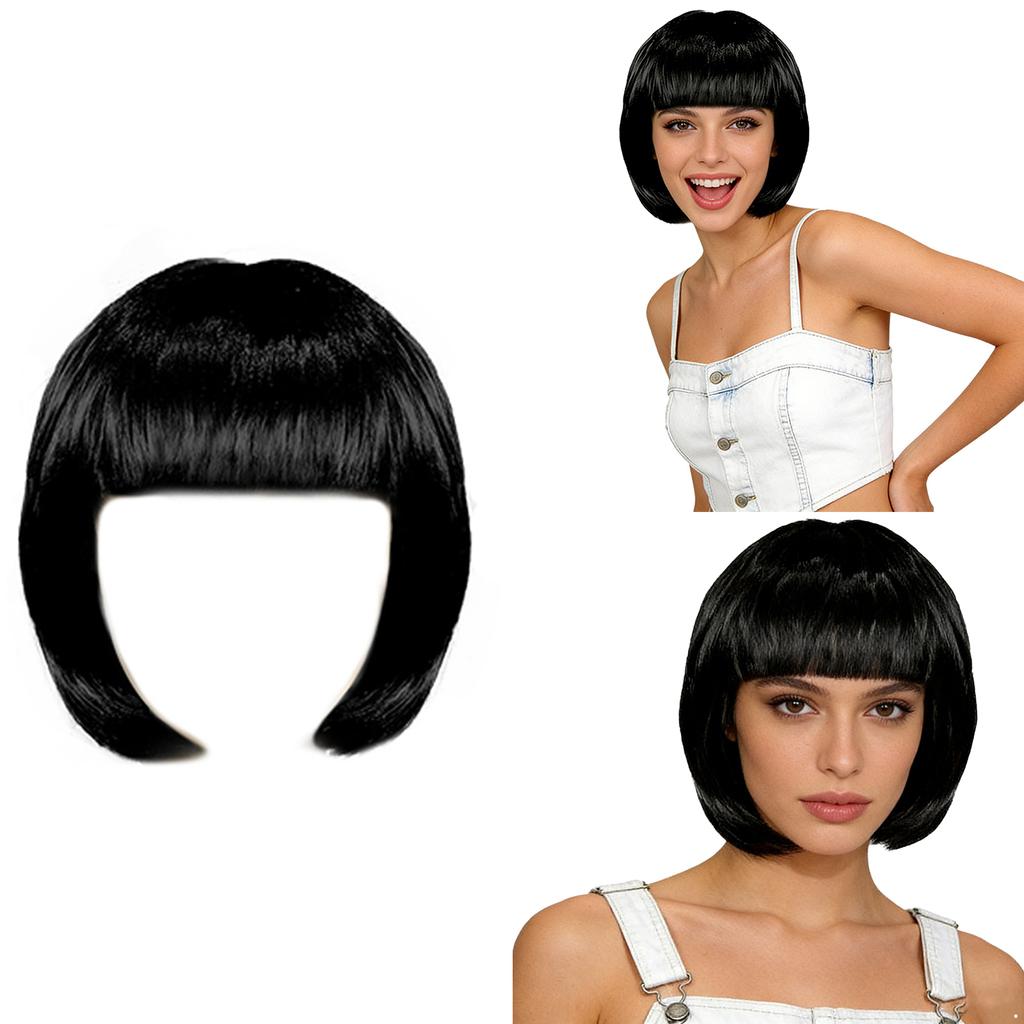 Short Straight Bob Hairpiece for Women Blunt Cut Bangs Cosplay Wig Halloween Themed Party Daily Use