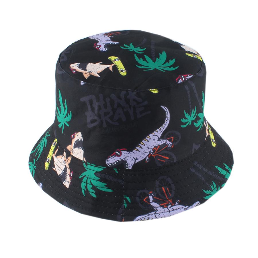 Summer Cotton Sun Hat For Kids Boys Girls Double Sided Bucket Hat Cartoon Cute Dinosaur Print Fisherman Cap Panama Chilldren