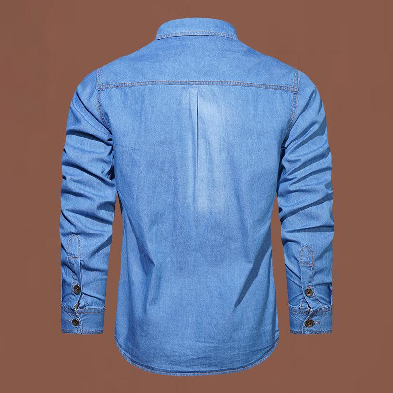 Spring Men Outdoor Multi-pocket Denim Tooling Shirts Man Long-sleeved Denim Shirts Quality Male Cotton Casual Jeans Shirts