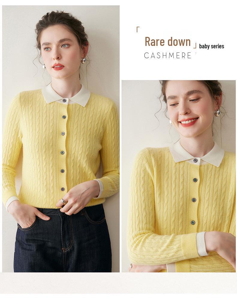 Women's Cashmere Blend Two-Tone Cable Knit Cardigan, Faux Two-Piece, Fold-Over Sweater, Loose Wool Coat