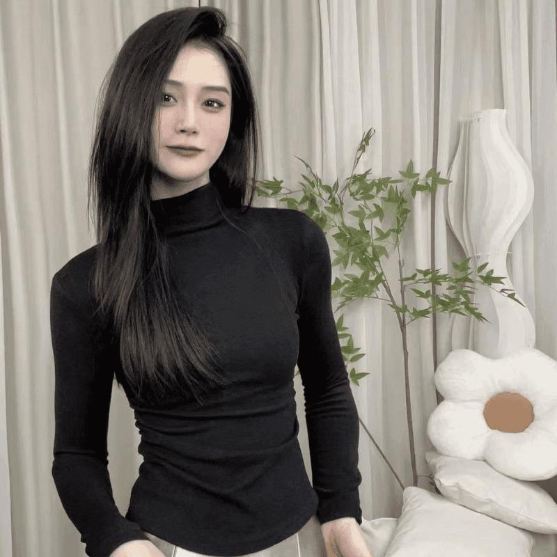Autumn Winter Half High Collar Solid Slim Bottomed Tee Women Long Sleeve Casual All-match Pullover T-shirt Top
