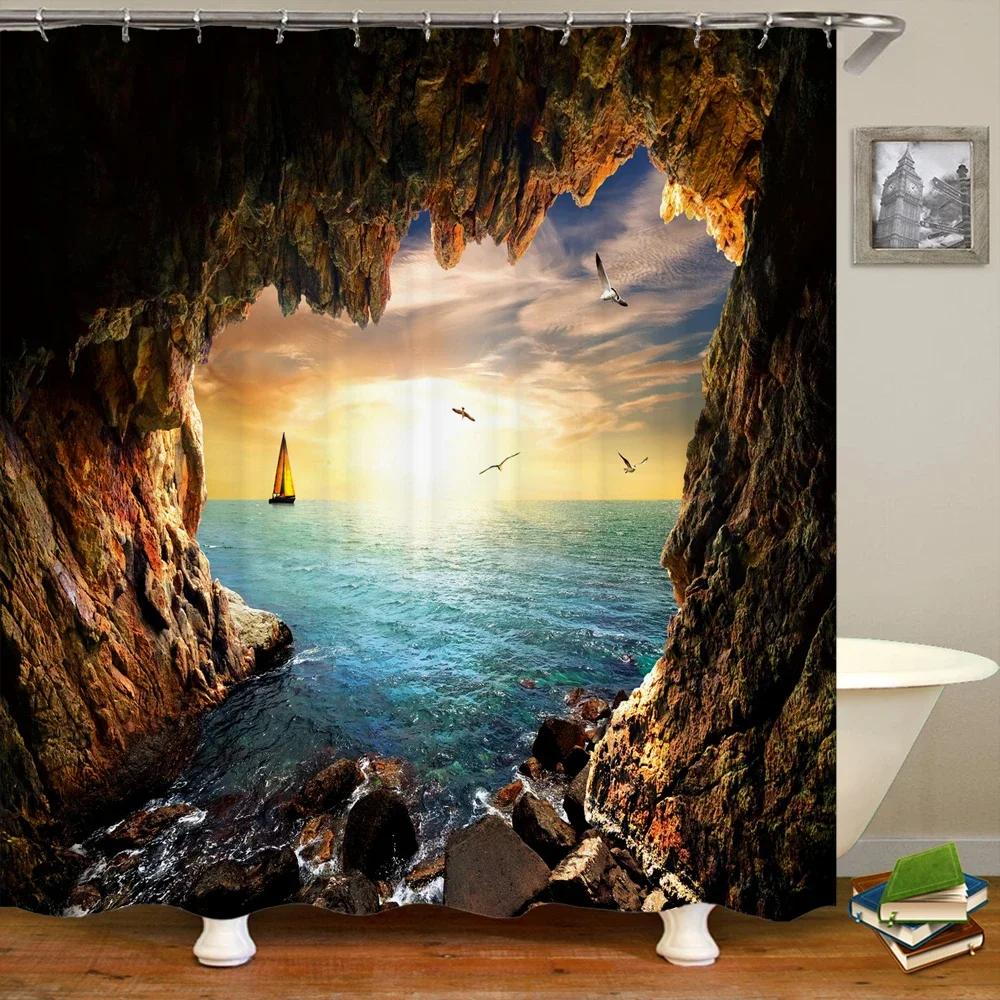 

3D Printed Bathroom Curtains Sea Seaside Cave Scenery Shower Curtain With 12 Hooks Home Decoration Waterproof Fabric Bath Screen W60H190(CM)-1 Pcs