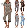 2 Pcs/Set Women Summer Pajamas Flower Printing V Neck Short Sleeve Shirt Elastic Waist Cropped Trousers Homewear Casual Outfit Spring Sleepwear