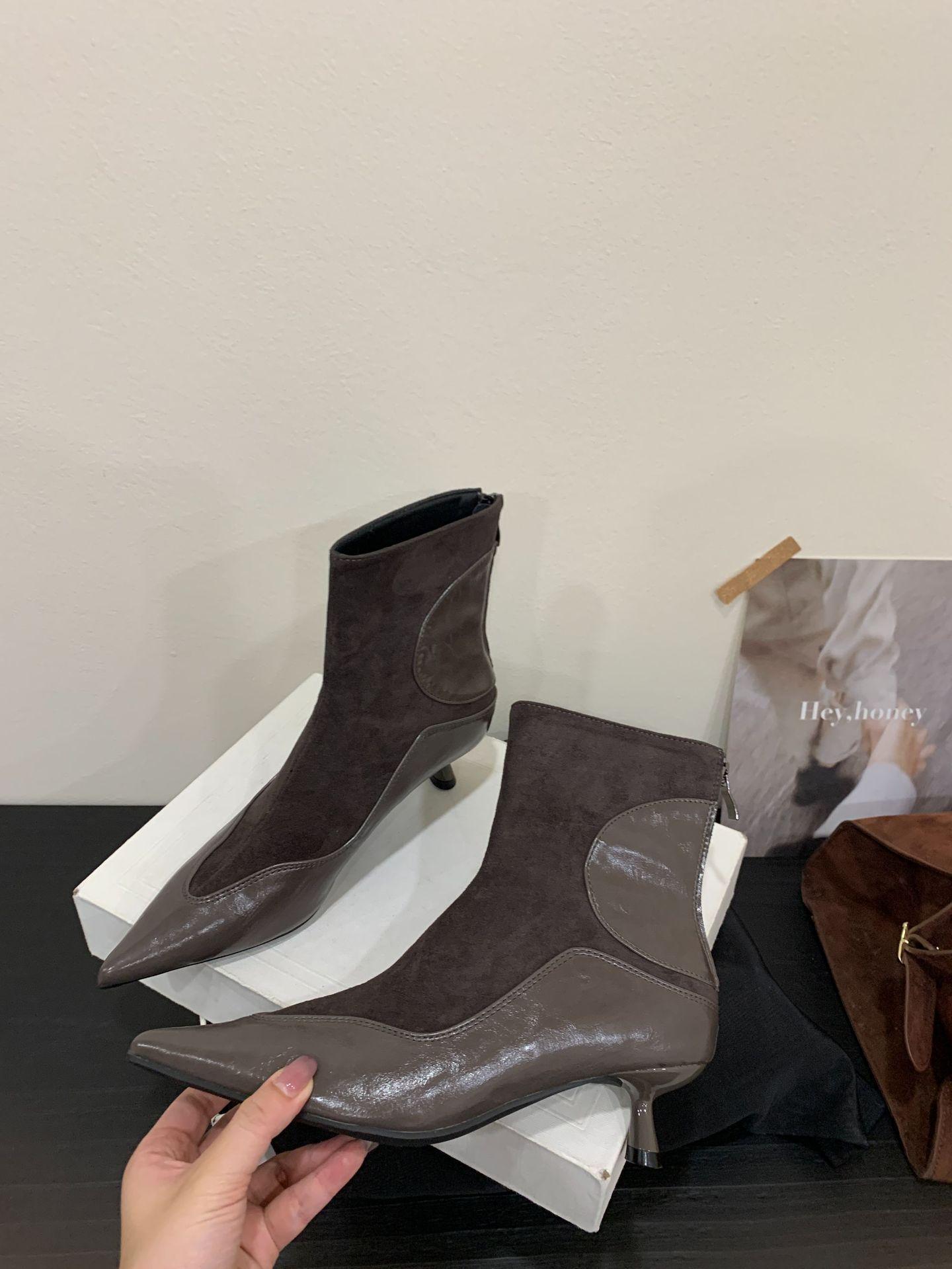 

2025 new autumn and winter pointed flat-bottomed short boots women s suede thin boots elastic boots color matching short boots 35
