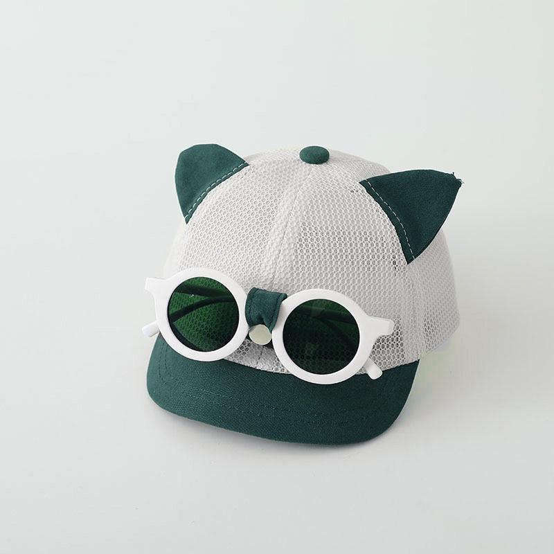 

Милая детская бейсболка с кошачьими ушками, съемные солнцезащитные очки, мультяшная лоскутная бейсболка для малышей с козырьком-уткой, летняя сетчатая детская шляпа от солнца