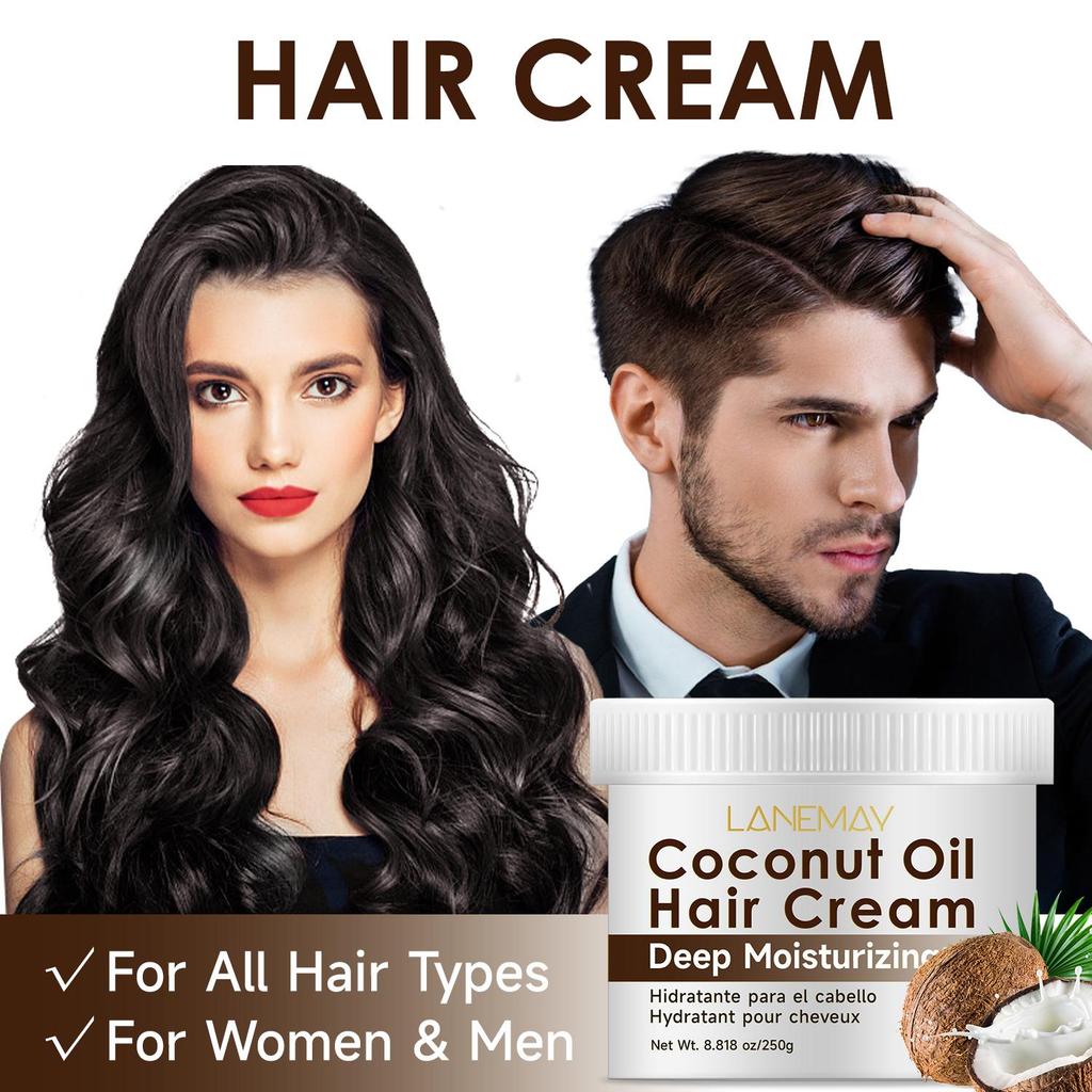 Coconut Oil Hair Cream-Providing moisture for  softness, shine, reduced  frizz, and healthy hair-For all hair types, women and men, 250ml