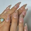 24Pcs Pink Almond False Nails Butterfly Ballet with French Design Wearable Fake Nails Simple Artificial Press On Nails Tips Art