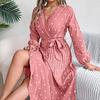 Spring Summer Women Long Sleeve Dot Pleated High Waist A Line Long Dress