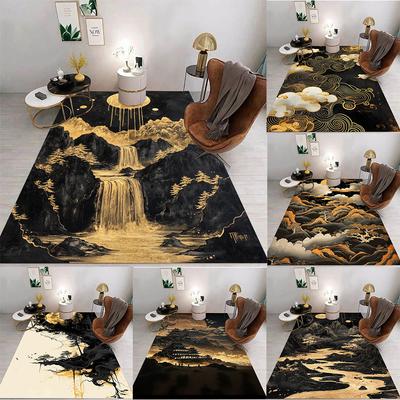 Chinese Art Style Carpet Golden Mountain Waterfall River Moonlit Forest Auspicious Cloud Patterns Rug For Living Room Decor