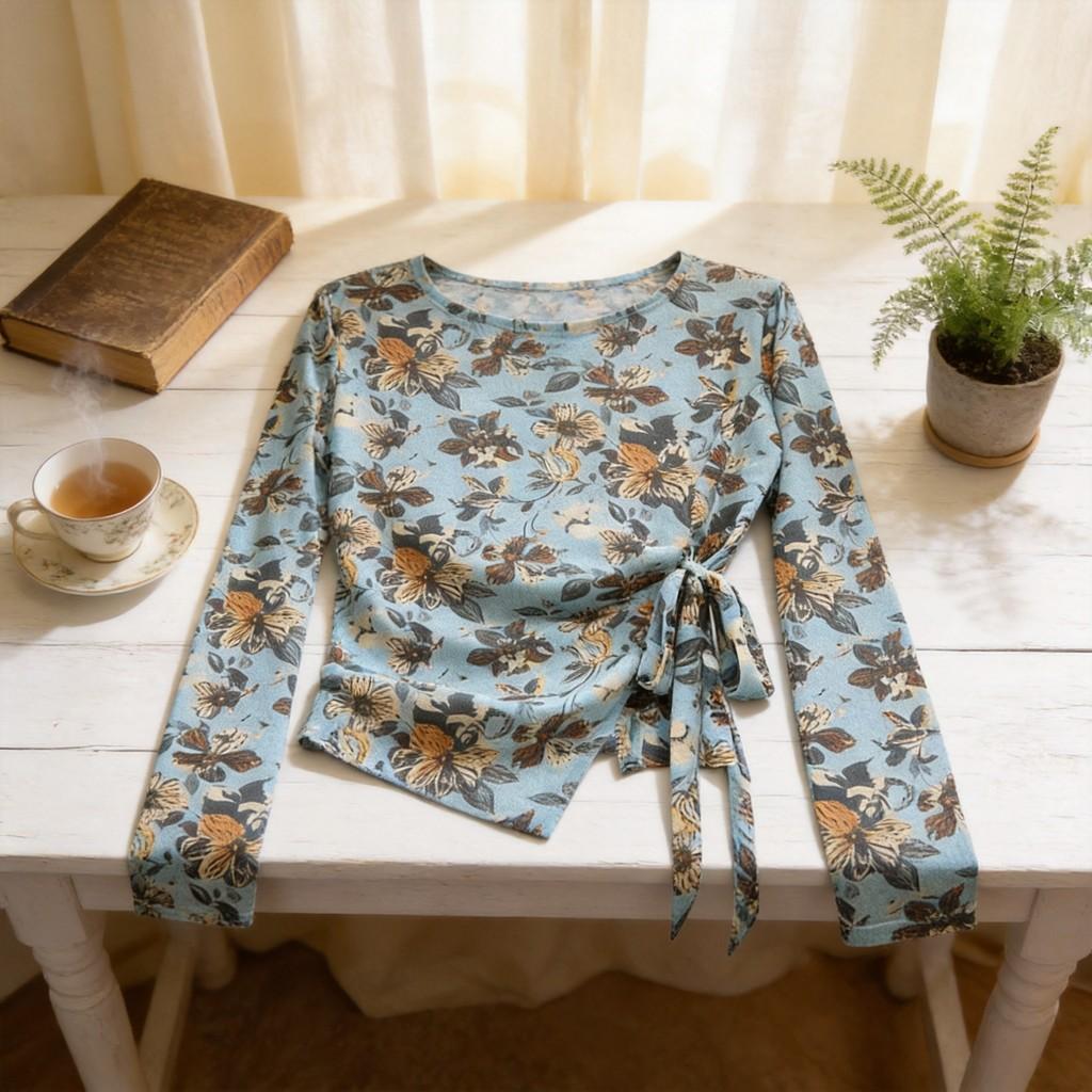 Vintage Floral Long Sleeve T Shirt With V Neck For Casual And Office Wear