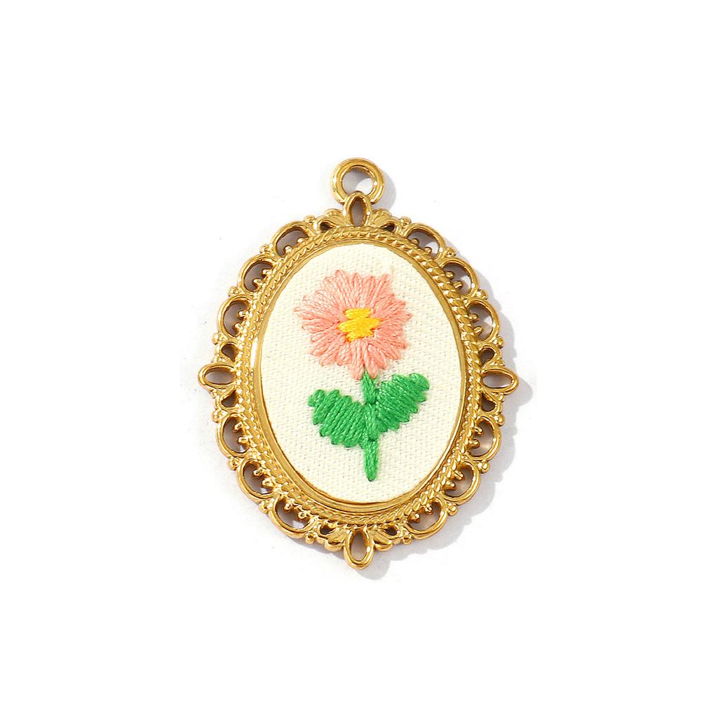 2 Pcs Oval Flower Leaf Embroidered Charms Multicolor 304 Stainless Steel Charms 18K Gold Plated Pendants For DIY Necklace Making