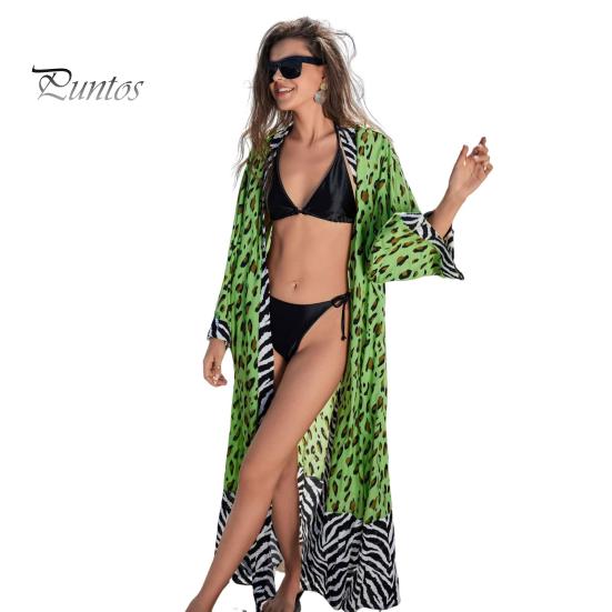 

Женский пляжный кардиган с леопардовым принтом, длинный рукав, свободный крой, легкий купальник-бикини с открытым передом, средней длины, пальто зелёный