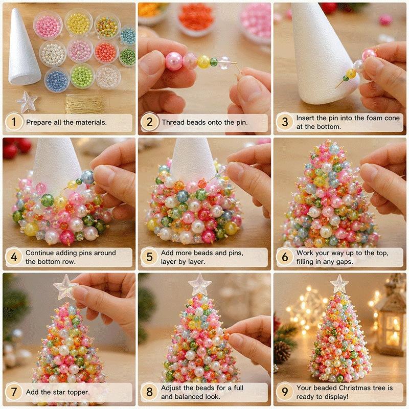 Beaded Christmas Tree DIY Kit, Colourful Plastic Bead Ornament Craft Set, Handmade Holiday Tree Making Kit for Kids Adults