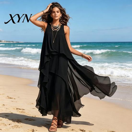 Fat Hiding Loose Dress Women's Flowy Chiffon Dress, Sleeveless Crew Neck Asymmetrical Hem Plus Size Women Long Summer Layered Cocktail Wedding