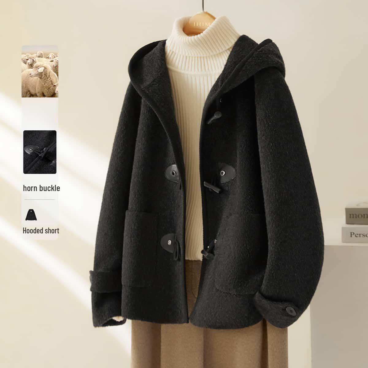 2025 Winter Women s Korean Style Versatile Slimming Hooded Woolen Jacket L 110-120 lbs чёрный