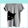 Stylisches Damenmode-T-Shirt mit Katzenaufdruck, kurzärmelig, lässige Bluse in Schwarz-Weiß