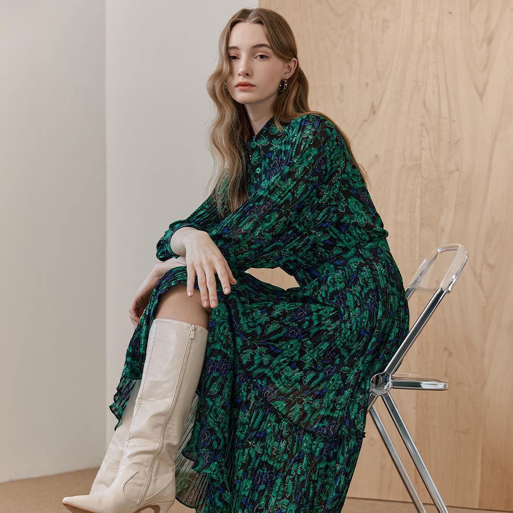 MAXZA Flower Belted Chiffon Pleated Shirt Dress