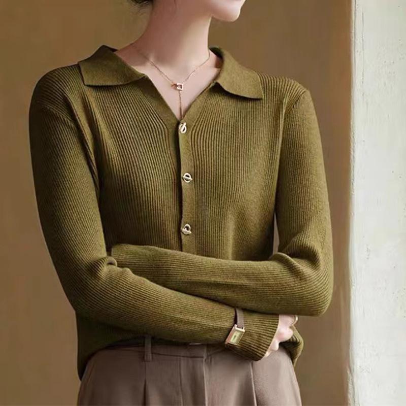 Lapel Knitted Cardigan Women's Early Autumn New Solid Color Lapel Top Long Sleeve Fashion Temperament Sweater Women
