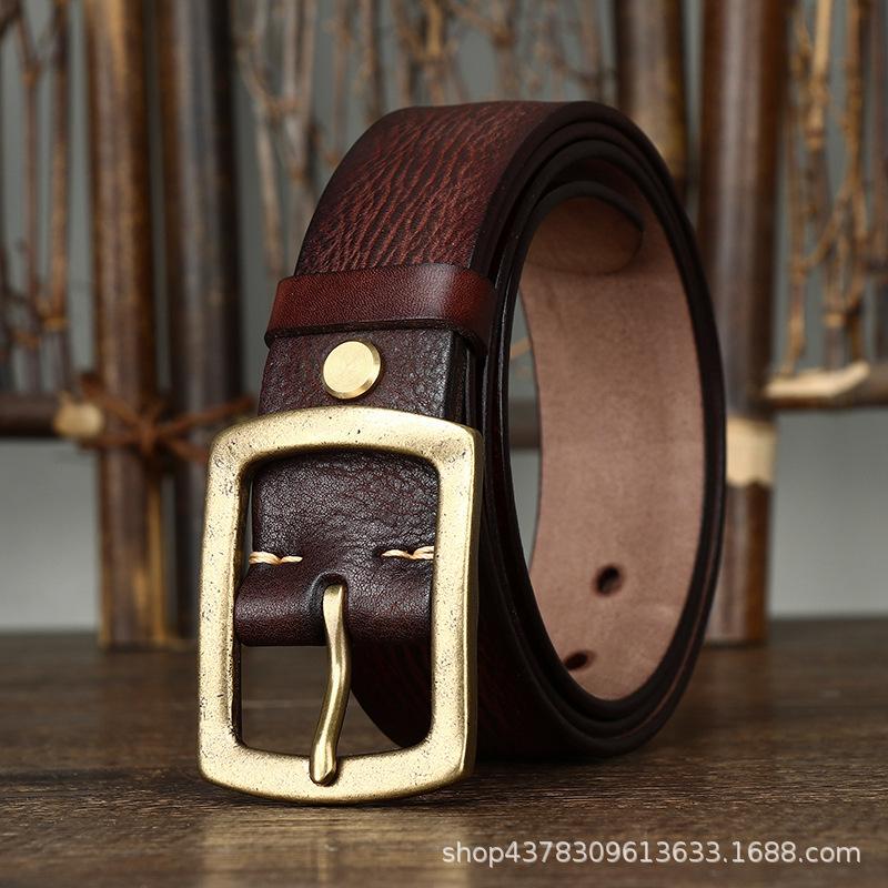 European And American Retro Concave Old First Layer Cowhide Belt Men'S Genuine Leather Japanese Character Copper Needle Buckle Jeans Belt