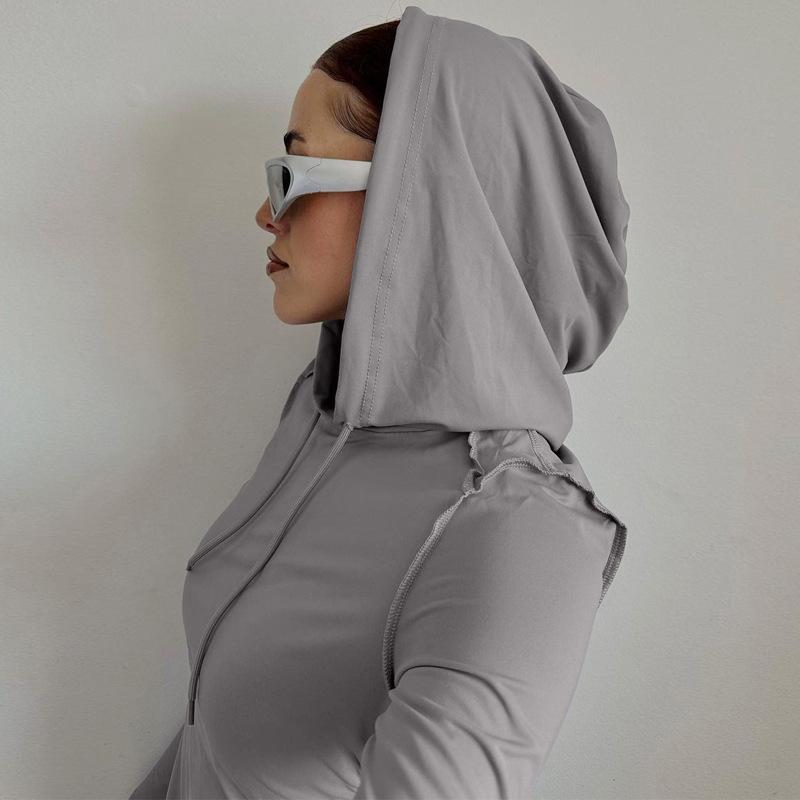 Women's Drawstring Ruffle Irregular Slim Hooded Top