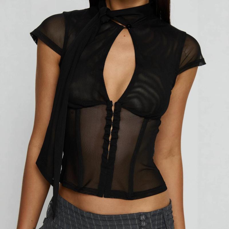 European and American Summer Sexy Women's Round Neck Hollow Mesh Splicing Bow T-shirt