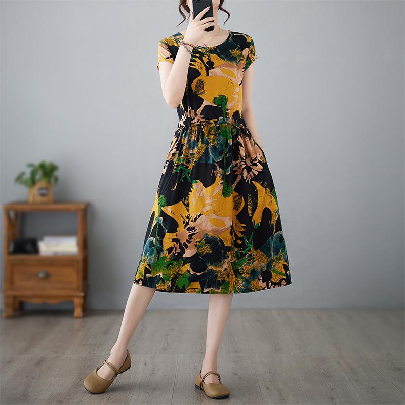 

Летнее платье А-силуэта из хлопка и шелка с цветочным принтом, 2025: Женский, Короткий Рукав, Свободная Талия, Приталенный Завязывающийся Миди L