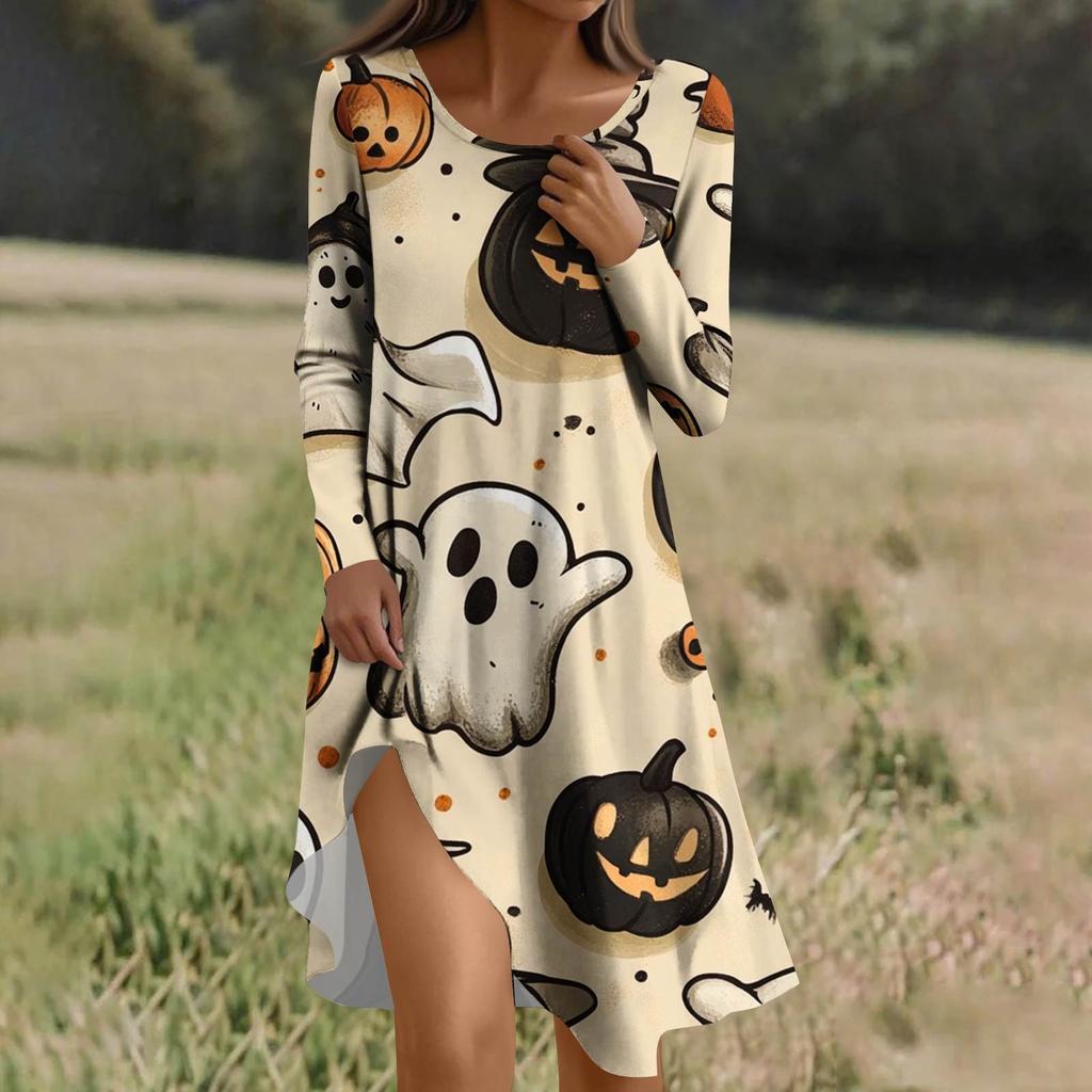 Long  Sleeve Dress For Women Casual Loose Fit Print Dress With Pockets