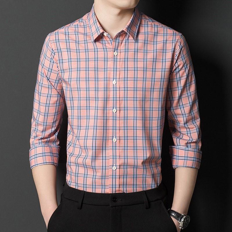 Spring New Style Young and Middle-aged Men's Lapel Shirt Casual Square Plaid Loose Large Size Breathable Shirt