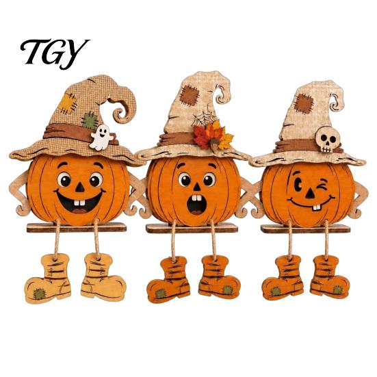 Rustic Farmhouse Halloween Ornaments 3PCS Distressed Wooden Pumpkin Ornaments, Witch Hats And Ghost Patches Retro Gothic Mantel Decor Decor,