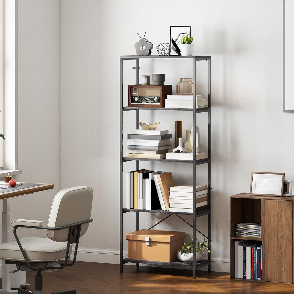 5-Tier Bookshelf, Industrial Bookcase with Metal Frame - Dark Grey and Black