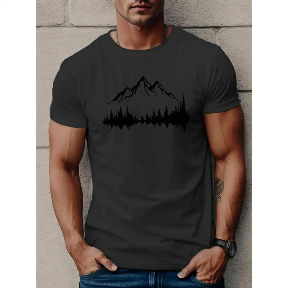 Men's Casual Summer Printed T-shirt, Casual Round-neck Short-sleeved T-shirt with Big Mountain Tree Pattern, Oversized Breathabl