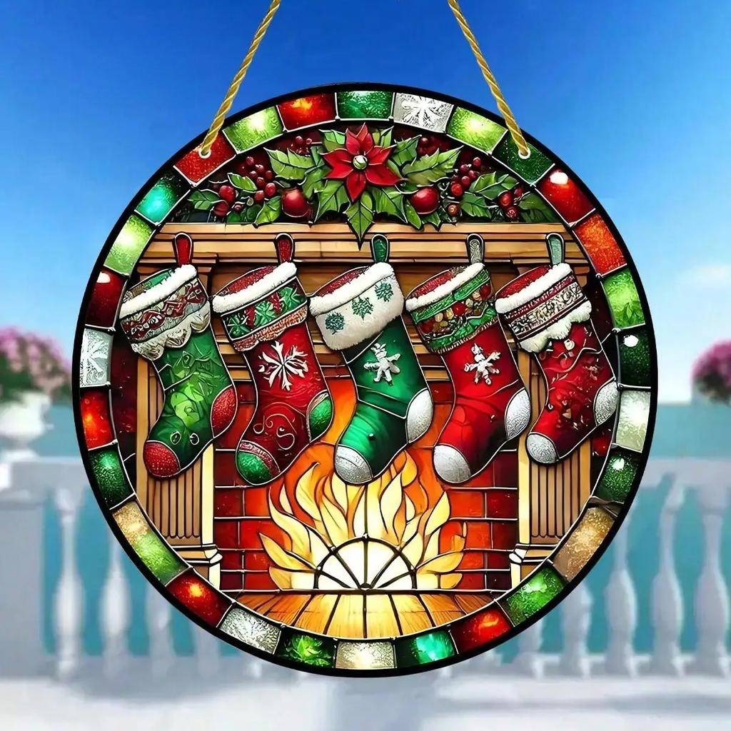 Charming Snowman Suncatcher Round Acrylic Stained Glass-Style Window Hanging Panel Window Decoration Wreath Sign Garden Pendants