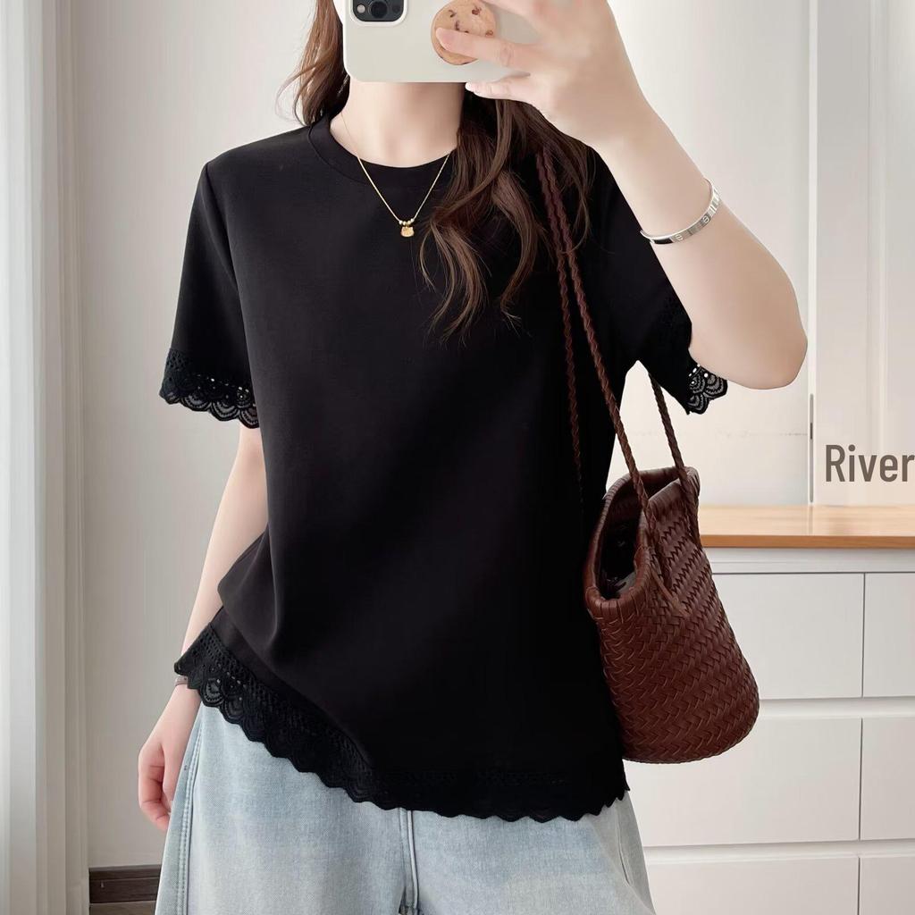 2026 Korean Style Plus Size Casual Lace Patchwork Round Neck Short Sleeve Top for Chubby Girls