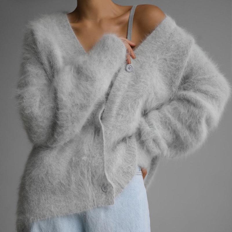 Imitation Mink Knitted Cardigan for Women Lazy Design Loose Temperament V-neck Sweater