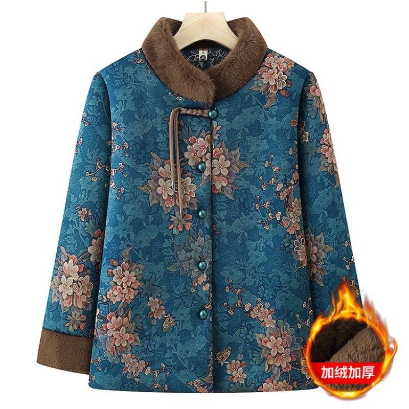 

Medium-sized elderly clothes with velvet small cotton-padded clothes, old lady clothes, stand-up collar cotton-padded jacket, Chinese New Year clothes 5XL [recommended 150-80kg] синий