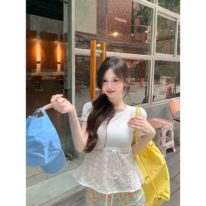 

Женская футболка с коротким рукавом, белая, с кружевной вставкой в корейском стиле, с прямыми плечами - Летний нишевый дизайн Small белый