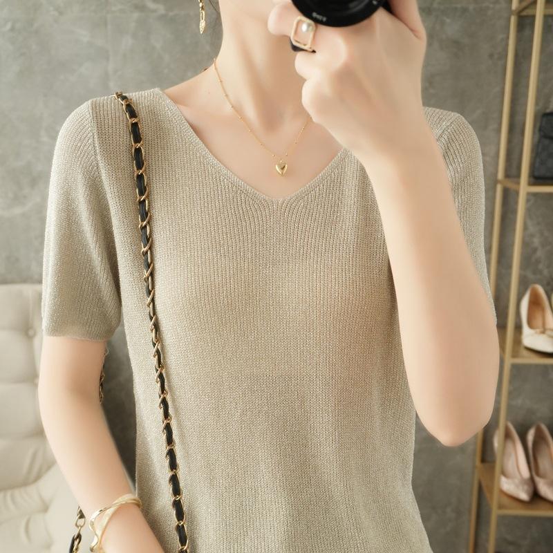 V-neck Sweater Thin Short-sleeved Women's Summer Loose Versatile T-shirt Close-fitting Comfortable Top
