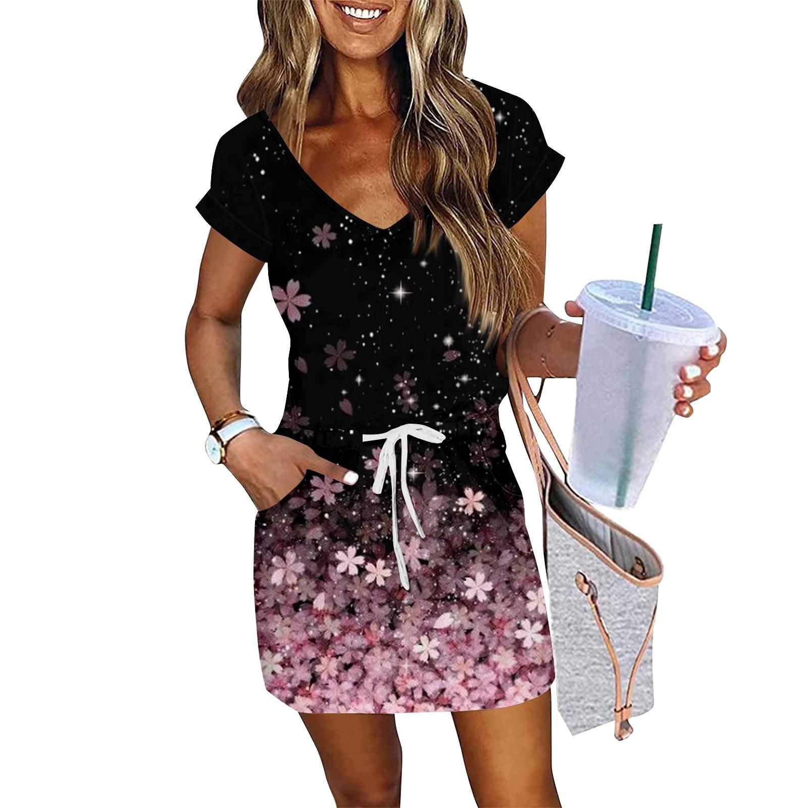 Women s Summer Floral Print Short Sleeve Button Belt Skirt M