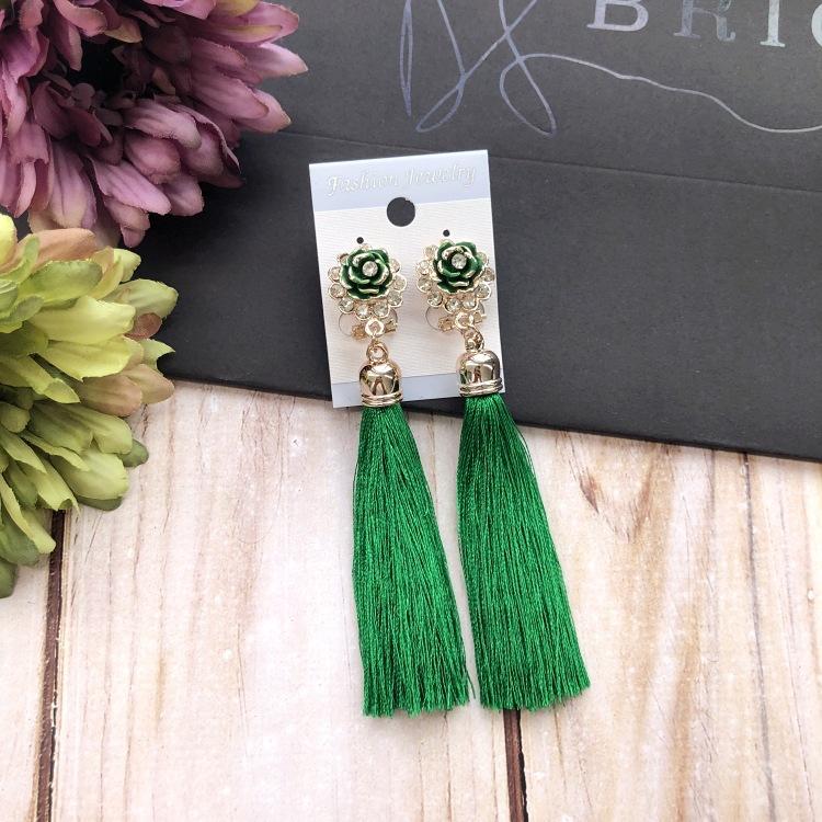 Retro flower gemstone with diamond fringed stud earrings long celebrity temperament earrings women's versatile earrings