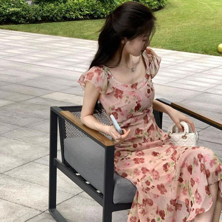 Plaj Tatili İçin U Yaka Kolsuz Çiçek Baskılı Balık Kuyruğu Elbise Kadın Moda