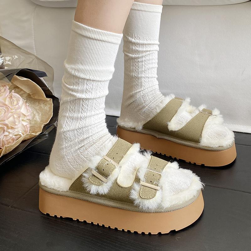 Fashion Aphixta Luxury Platform Furry Slippers Women Warm Slippers Shoes Buckle Design Fur Insole Women Winter Footwear Size 42
