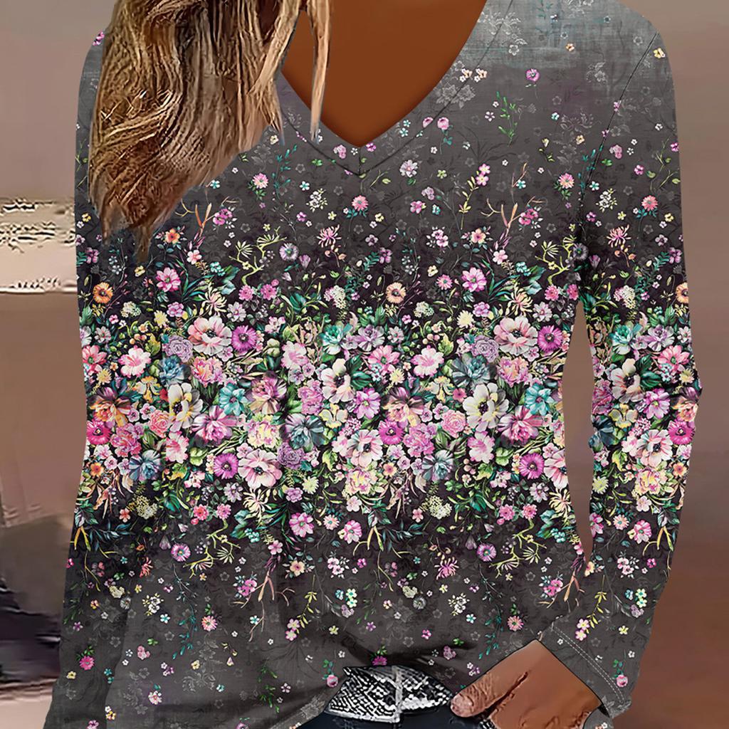Women's Autumn and Winter 3D Printed V-Neck Long Sleeve T-Shirt Fashion Versatile Trend Breathable Casual