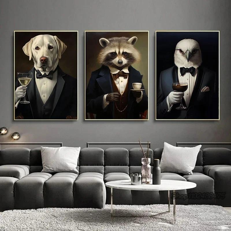 Elegant Animals Raccoon in Tuxedo Owl Pug Suit Poster Canvas Painting Cute Kawaii Wall Art Pictures Living Room Home Decor
